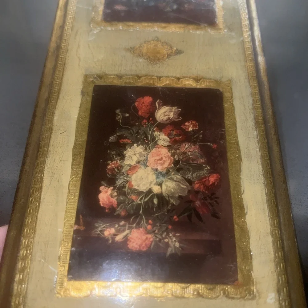 2-VTG Italian Florentine Wood Plaque Gold Red Ornate Wall Art Decoupage Cottage